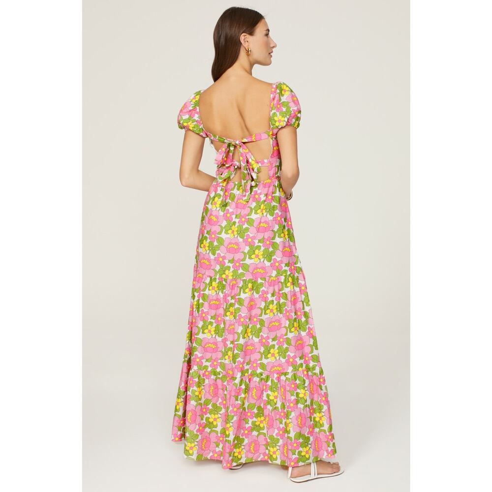 Show Me Your MuMu Cathy Pink Retro Floral Sweetheart Tie Back Puff Maxi Dress M - Picture 3 of 16